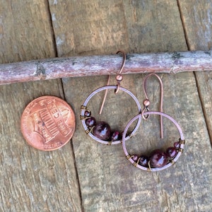 Garnet Earrings, Small Garnet Hoop Earrings, Red Garnet Jewelry, Copper Hoop Earrings, Copper Jewelry, Garnet Jewelry Set image 8