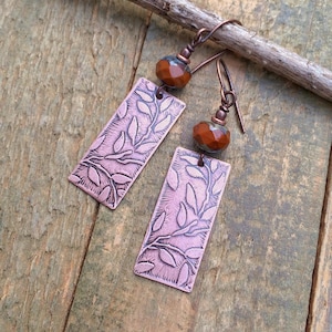 Etched Copper Earrings, Copper and Glass Jewelry, Burnt Orange Dangle Earrings, Nature Leaf Jewelry, Copper Drop Earrings, Nature Lover Gift