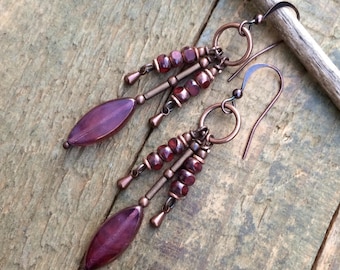 Red Czech Glass Chandelier Dangle Earrings, Boho Drop Earrings, Gift for Women