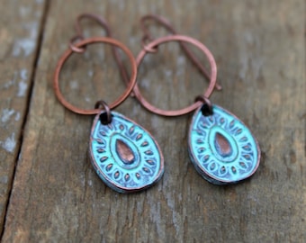 Patina Copper Earrings, Teardrop Copper Earrings, Small Boho Earrings, Patina Copper Jewelry, Teardrop Earrings