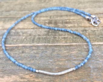 Hill Tribe Silver Aquamarine Necklace, Tiny Aquamarine Choker, March Birthstone Necklace, Layering Necklace, Bead Necklace, Beaded Jewelry