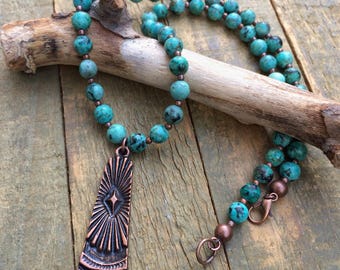 Long Boho Turquoise Necklace Set, African Turquoise Jasper Necklace, Long Bohemian Necklace