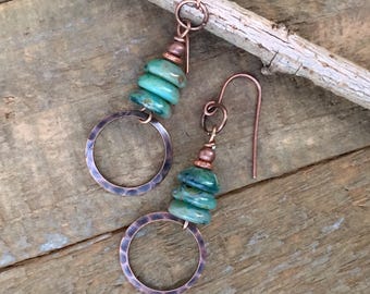 Bohemian Green Earrings, Spring Green Jewelry, Copper Dangle Earrings, Green Czech Glass Earrings, Copper Dangle Earrings,