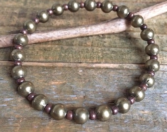 Mixed Metal Brass and Copper Stretch Bracelet, Beaded Jewelry, Matching Set Jewelry