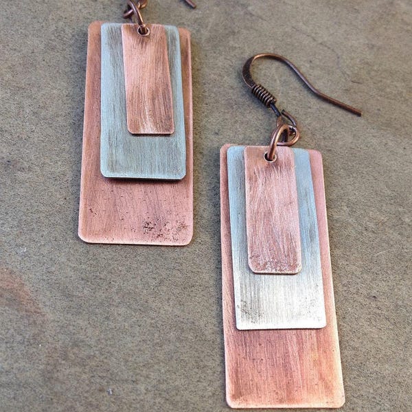 Geometric Earrings, Mixed Metal Earrings, Copper Earrings, Copper Silver Jewelry, Recycled Copper Earrings, Geometric Jewelry