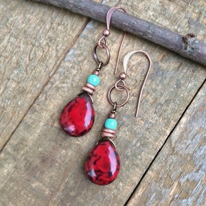 Red Earrings, Red Drop Earrings, Red Jewelry, Boho Dangle Earrings, Boho Jewelry, Bohemian Earrings, Bohemian Jewelry