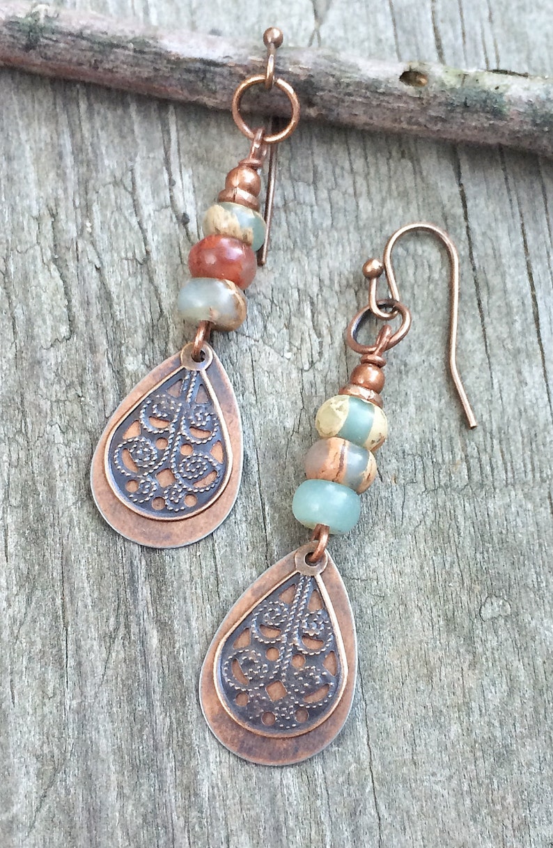 Copper Dangle Earrings Copper Teardrop Earrings African Opal Etsy