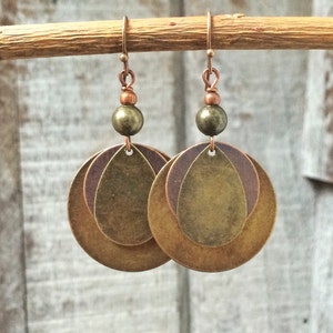 mixed metal dangle earrings. Brass and copper mixed metal jewelry.