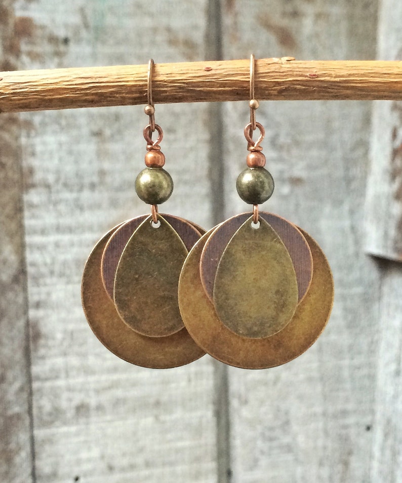 mixed metal dangle earrings. Brass and copper mixed metal jewelry.