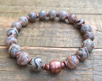 Tibetan Agate Stretch Bracelet, Beaded Stone Bracelet, Light Green Dzi Agate Unisex Bracelet with Copper Accents