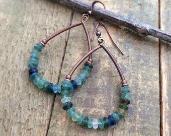 Roman Glass Hoop Earrings, Beaded Earrings, Ancient Glass Jewelry, Recycled Blue Green Glass Jewelry, History Lover Gift, Colorful Earrings