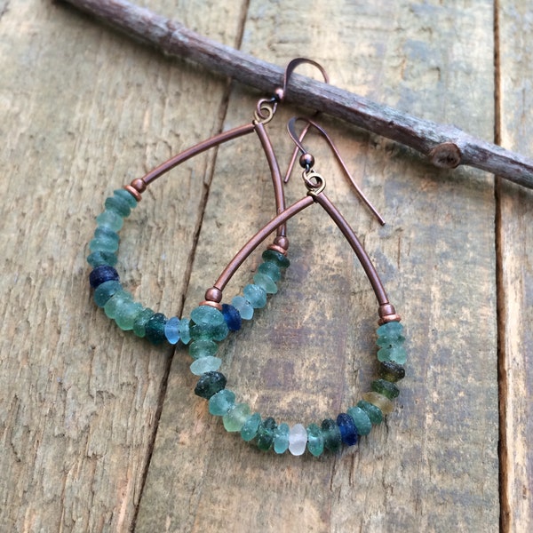 Roman Glass Hoop Earrings, Beaded Earrings, Ancient Glass Jewelry, Recycled Blue Green Glass Jewelry, History Lover Gift, Colorful Earrings