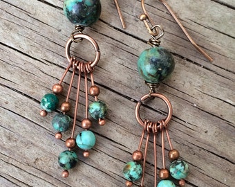 Turquoise Earrings, Boho Dangle Earrings, Bohemian Earrings, Copper Jewelry, Copper Dangle Earrings, Boho Jewelry