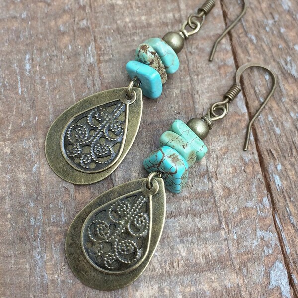 Boho Earrings Dangle, Boho Dangle Drop Earrings, Boho Brass Drop Earrings, Dangle Boho Earrings, Turquoise Earrings Dangle