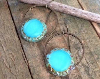 Teal Czech Glass and Dangle Earrings, Small Brass Hoop Earrings