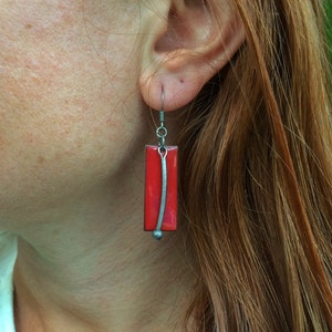 Rectangular Red Earrings Red Dangle Earrings, Red Geometric Jewelry, Copper Enamel Earrings, Red ...