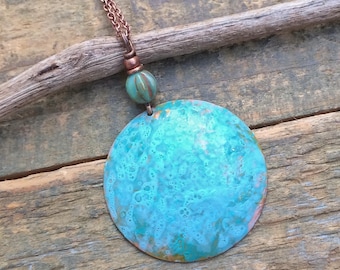 Patina Copper Pendant, Hammered Copper Necklace, Blue Green Patina Jewelry, Southwestern Jewelry, Copper Jewelry