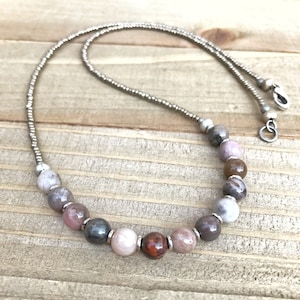 Petrified Wood Necklace, Boho Beaded Necklace, Petrified Wood Jewelry, Minimalist Necklace, Beaded Jewelry, Boho Jewelry