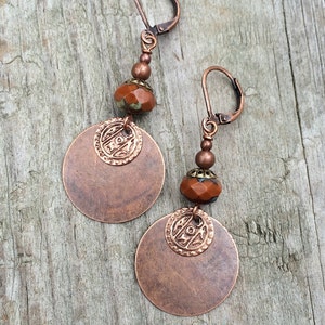 Burnt Orange Earrings, Bohemian Copper Jewelry, Ethnic Copper Earrings, Copper Coin Dangle Earrings, Czech Glass Earrings, Orange Jewelry