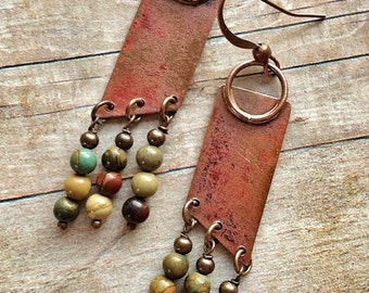 Boho Earrings - Copper Earrings - Recycled Jewelry - Natural Stone Earrings - Geometric Earrings - Natural Stone Jewelry - Unique Gift Idea