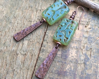 Aqua Blue Green Czech Glass and Copper Dangle Earrings, Artsy Glass Jewelry