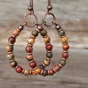 Hoop Earrings with Stones - Bohemian Beaded Earrings - Boho Hoop Earrings - Copper Jewelry - Copper Earrings - Colorful Earrings