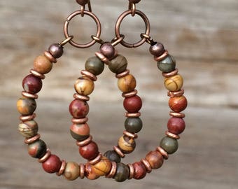 Hoop Earrings with Stones - Bohemian Beaded Earrings - Boho Hoop Earrings - Copper Jewelry - Copper Earrings - Colorful Earrings