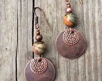 Copper earrings, bohemian jewelry, copper jewelry, copper dangle earrings, bohemian earrings, natural stone jewelry