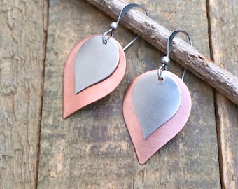 Mixed Metal Drop Earrings, Copper and Silver Dangle Earrings, Brushed Copper Jewelry, Small Lightweight Earrings, Gift for Women