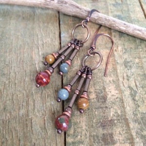 Colorful Red Creek Jasper Dangle Chandelier Copper Earrings, Colorful Stone Beaded Jewelry
