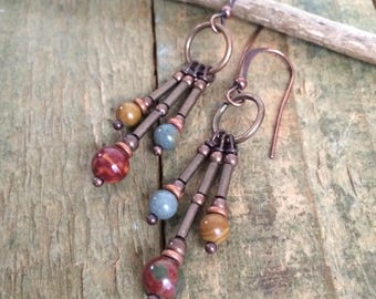 Colorful Red Creek Jasper Dangle Chandelier Copper Earrings, Colorful Stone Beaded Jewelry