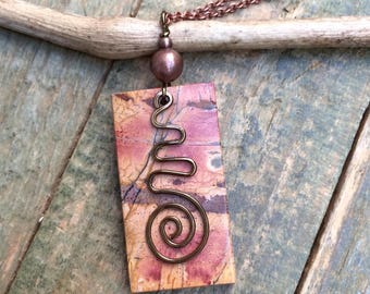 Red Creek Jasper Necklace, Dog Tag Jasper Pendant with Antiqued Copper Chain