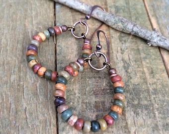 Bohemian Earrings, Jasper Boho Jewelry, Small Hoop Earrings, Copper Jewelry, Copper Earrings, Earthy Jewelry