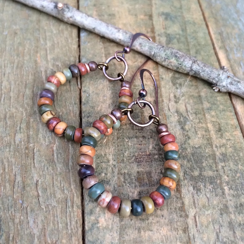 Bohemian Earrings, Jasper Boho Jewelry, Small Hoop Earrings, Copper Jewelry, Copper Earrings, Earthy Jewelry image 1