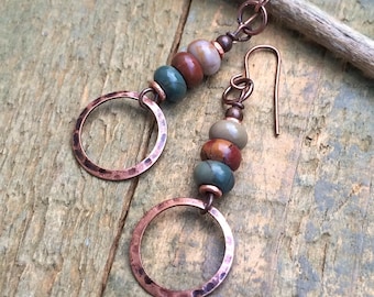 Red Creek Jasper and Copper Dangle Earrings, Earthy Bohemian Beaded Jewelry