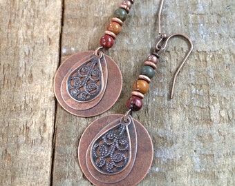 Boho Jasper Earrings, Copper Dangle Earrings, Red Creek Jasper Jewelry, Colorful Stone Earrings, Bohemian Jewelry