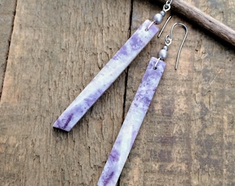 Long Petrified Fluorite Bar Earrings with Antiqued Silver Accents