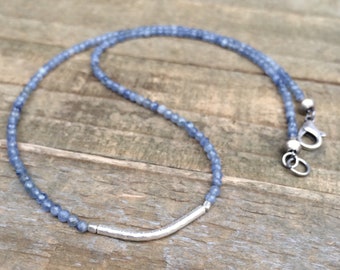 Hill Tribe Silver Kyanite Necklace, Tiny Kyanite Choker, Dainty Kyanite Necklace, Layering Necklace, Bead Necklace, Beaded Jewelry