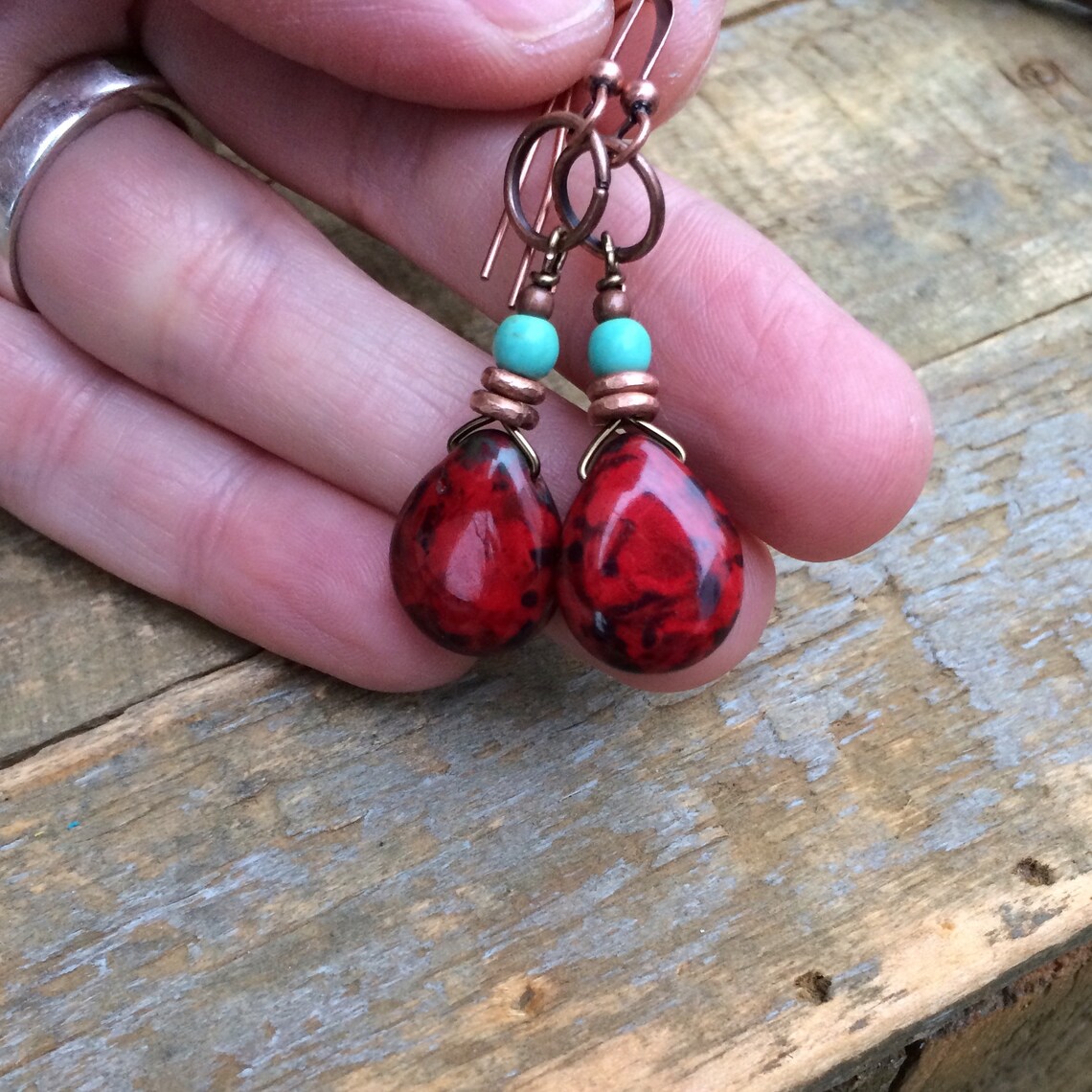 Red Dangle Earrings Red Teardrop Earrings Red Boho Jewelry Etsy