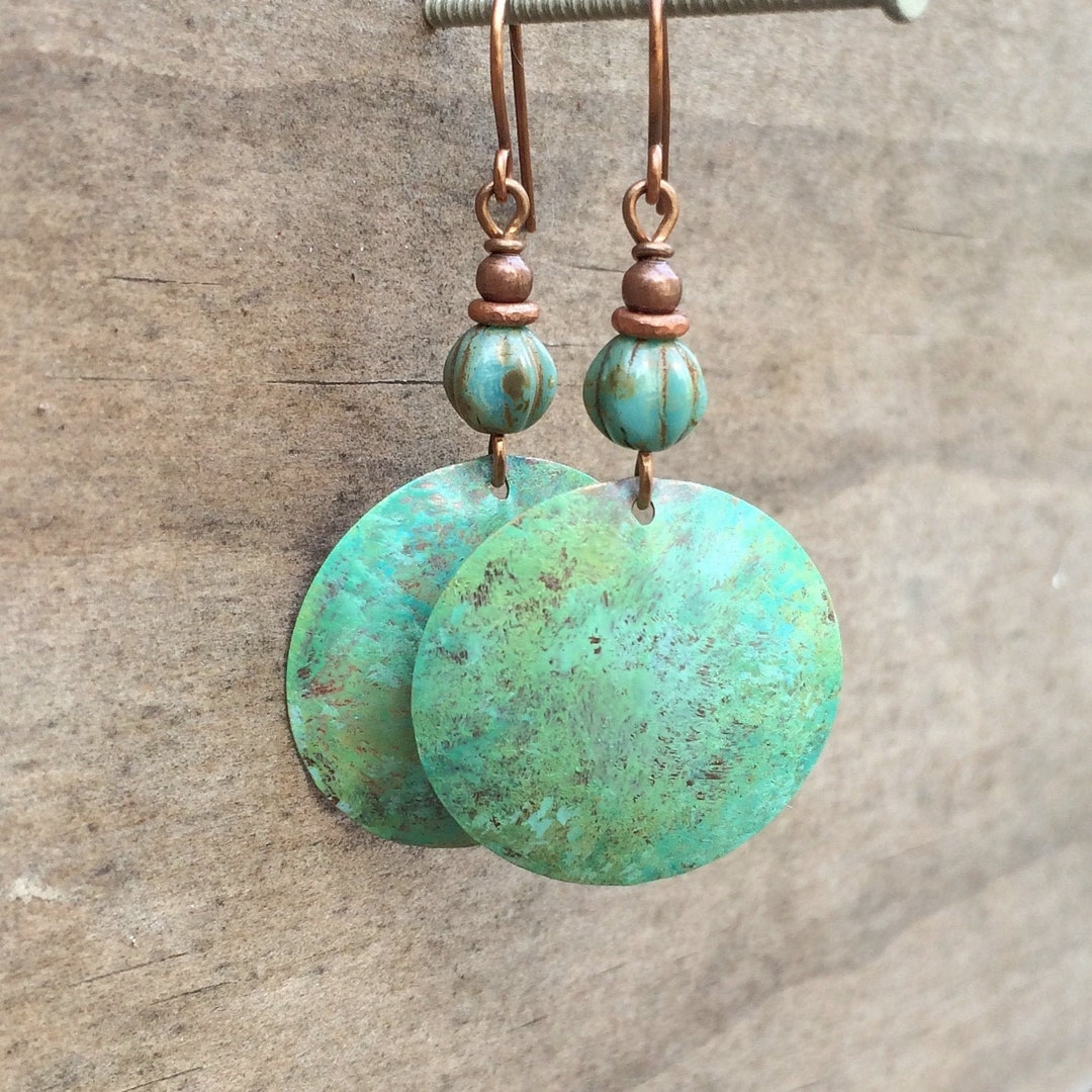 Patina Copper Earrings, Hammered Copper Earrings, Blue Green Patina Jewelry, Southwestern