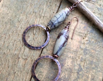 Red Creek Jasper Dangle Drop Copper Earrings, Hammered Copper Jewelry