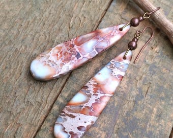 Orange Sediment Jasper Teardrop Earrings, OOAK Orange Red Stone Jewelry, Long Stone Earrings