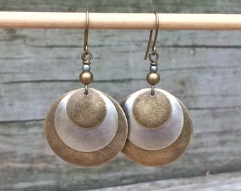 Mixed Metal Earrings, Brushed Metal Earrings, Forged Concave Drop Earrings, Brass Silver Earrings, Cold Forged Jewelry, Layered Earrings