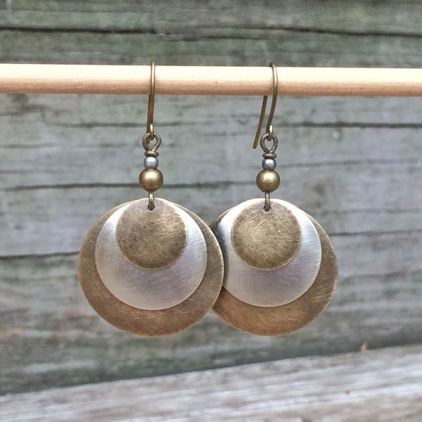 Mixed Metal Earrings, Brushed Metal Earrings, Forged Concave Drop Earrings, Brass Silver Earrings, Cold Forged Jewelry, Layered Earrings