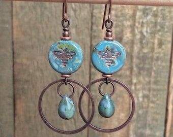 Czech Glass Bee Pollinator Earrings, Nature Inspired Copper Jewelry
