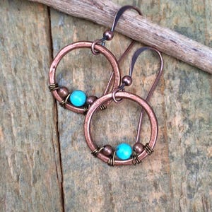 Small Turquoise and Copper Hoop Dangle Earrings, Small Boho Drop Earrings