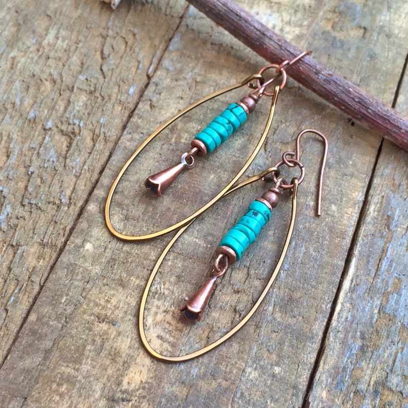 Copper Squash Blossom Earrings Genuine Turquoise Earrings | Etsy