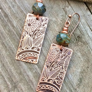 Etched Copper Earrings, Copper Jewelry, Ethnic Inspired Earrings, 7th Anniversary Gift Women, Unique Copper Jewelry, Copper Etched Jewelry image 1