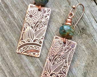 Etched Copper Earrings, Copper Jewelry, Ethnic Inspired Earrings, 7th Anniversary Gift Women, Unique Copper Jewelry, Copper Etched Jewelry