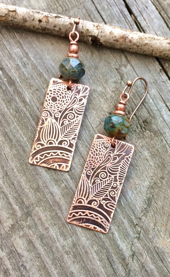 Etched Copper Earrings Copper Jewelry Ethnic Inspired Earrings 7th Anniversary Gift Women Unique Copper Jewelry Copper Etched Jewelry Etsy